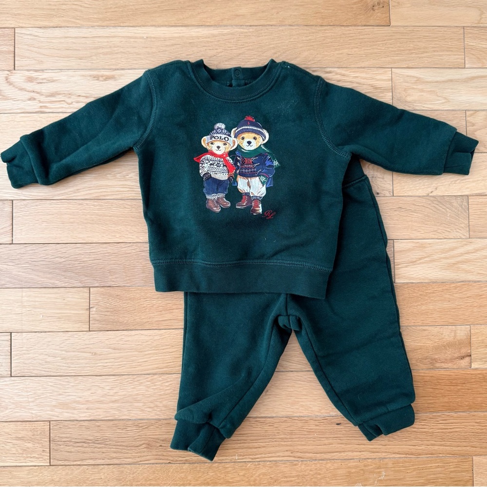 Ralph lauren baby green polo bear sweater set 2 piece sweat suit 9 months